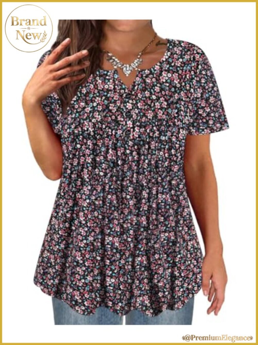 Plus Size Short Sleeve Button Up Henley Flowy Swing Tunic Top